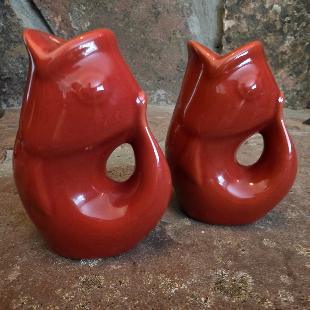 GurglePot Red Ceramic Fish Salt and Pepper Shaker Set Whimsical Stoneware